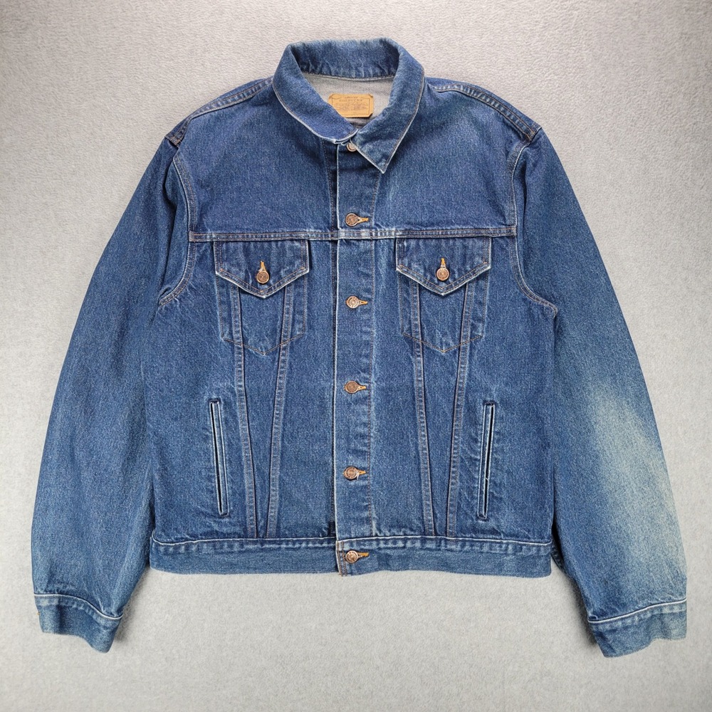 Sears Roebucks Denim Trucker Jacket Mens L X-Tall Blue Vintage Made in USA 31851